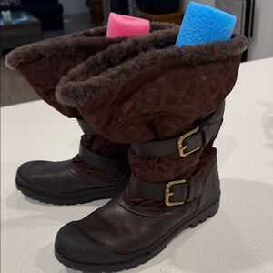 Coach Brown Fur-Lined Boots with Buckle Detail